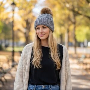 MARC CAIN Knitted Pom Pom Beanie Gray